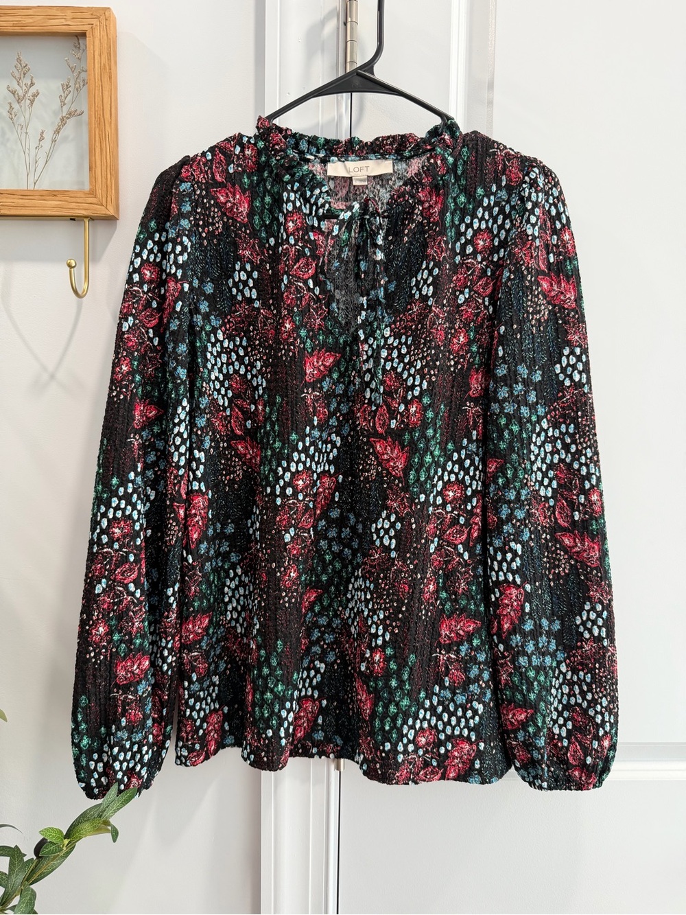 LOFT Black Floral Tie-Neck Blouse with Teal and Red Accents